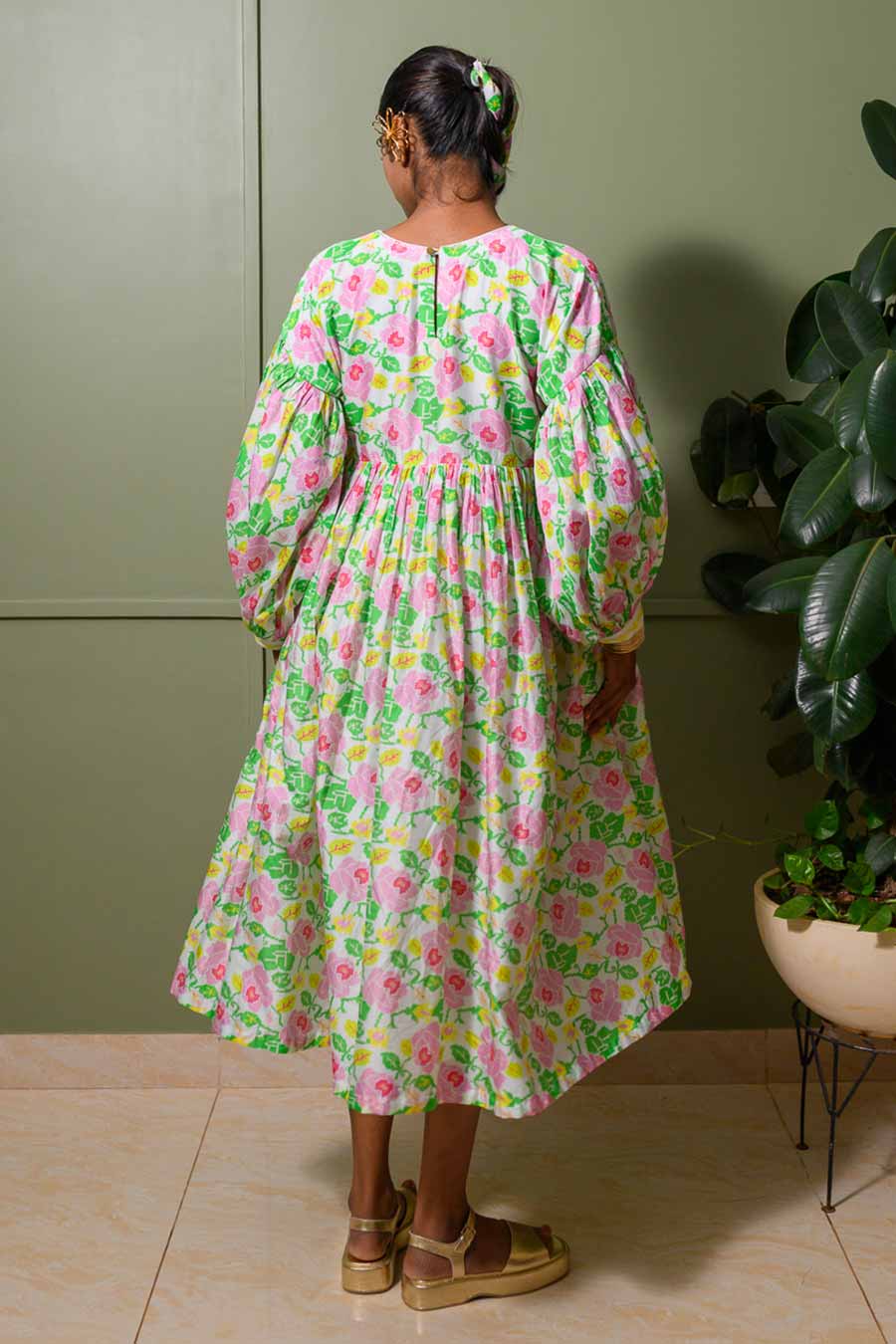 White Moonflower Printed Drop-Shoulder Dress