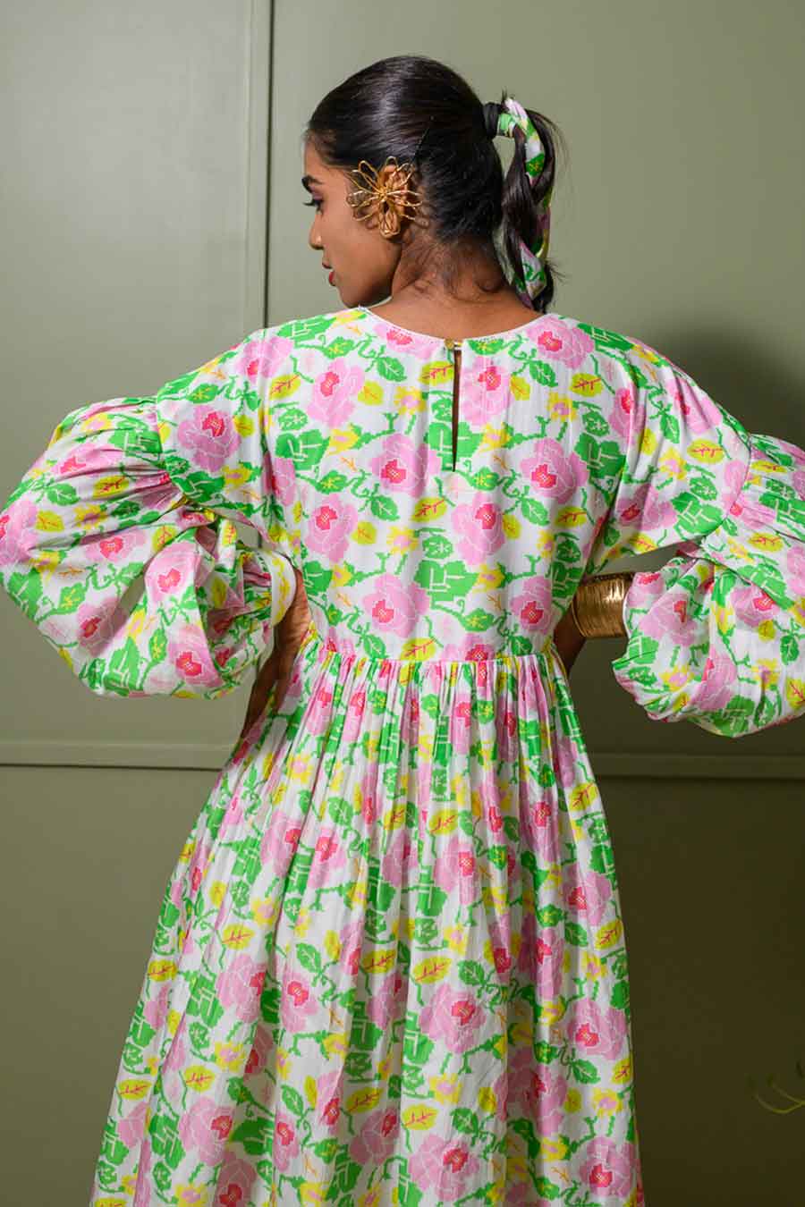 White Moonflower Printed Drop-Shoulder Dress
