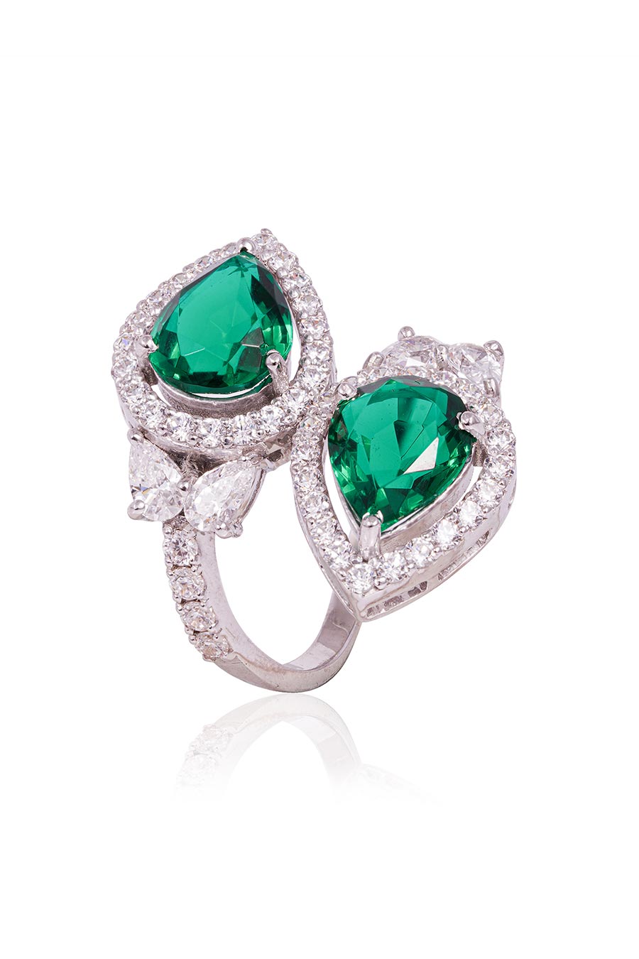 92.5 Sterling Silver Green Two-Pear Ring