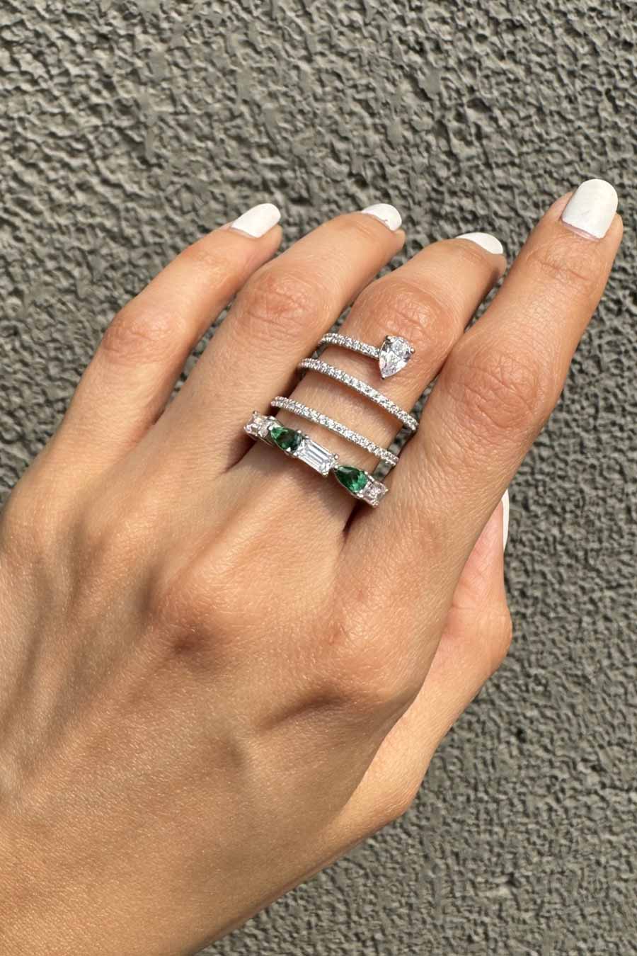 92.5 Sterling Silver Tidal Emerald Wrap Ring