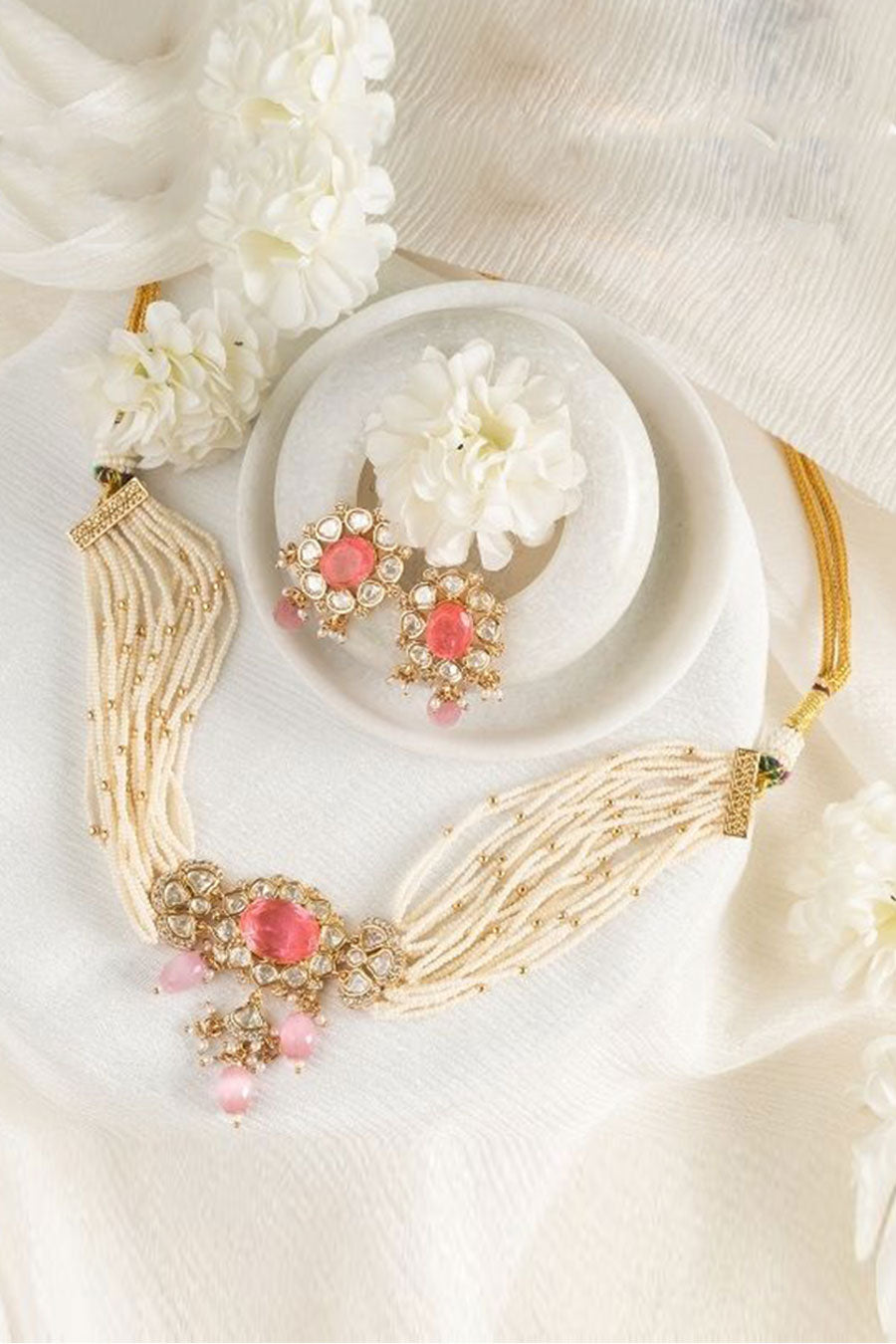 Pink & White Hayat Kundan Choker Necklace Set