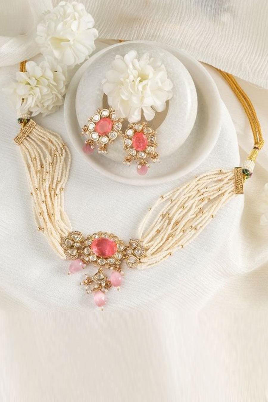 Pink & White Hayat Kundan Choker Necklace Set