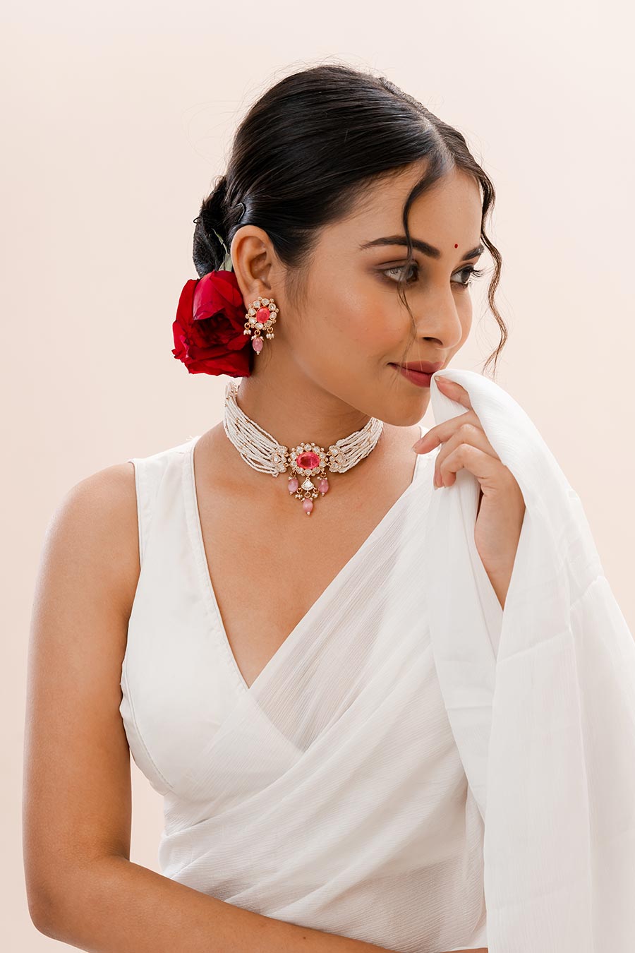 Pink & White Hayat Kundan Choker Necklace Set