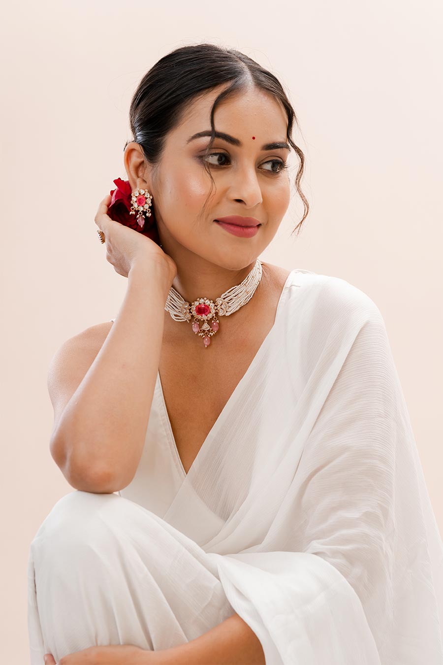 Pink & White Hayat Kundan Choker Necklace Set