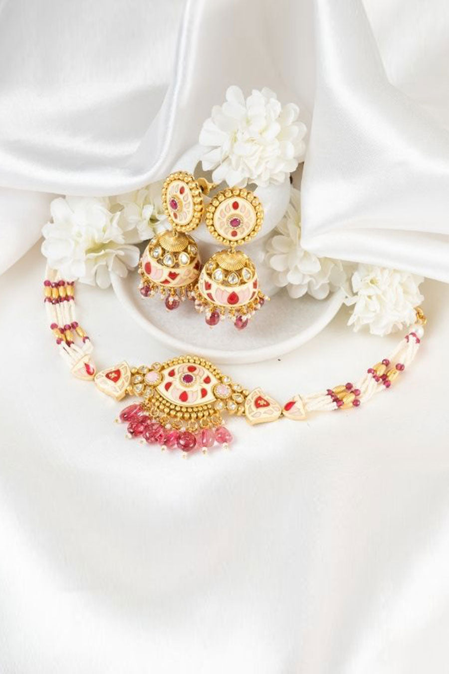 Pink & Gold Daisy Pearl Necklace Set