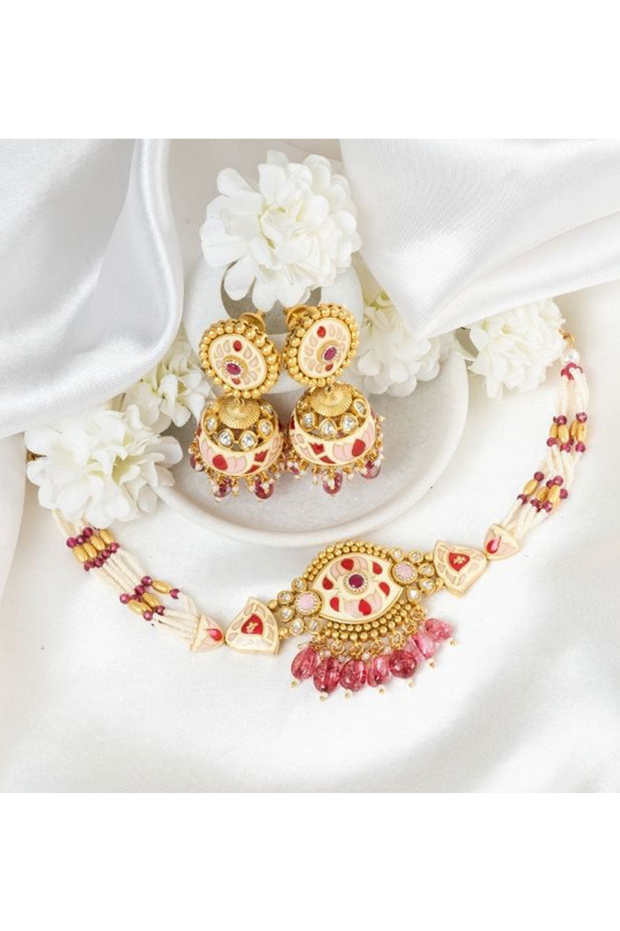 Pink & Gold Daisy Pearl Necklace Set