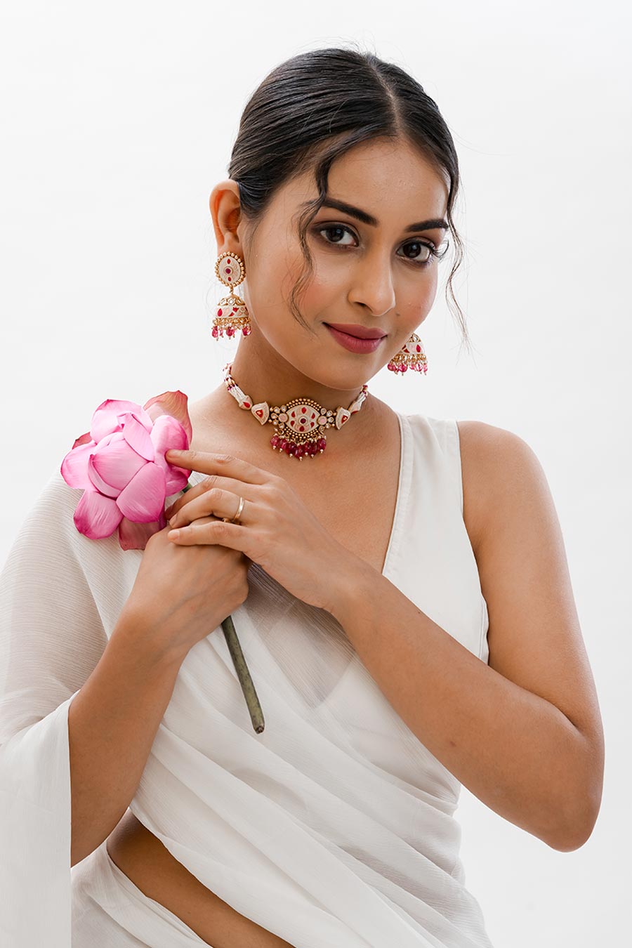 Pink & Gold Daisy Pearl Necklace Set