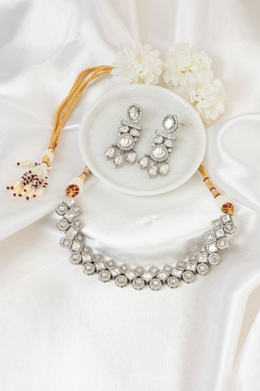 Silver Lunar Glint Polki Necklace Set