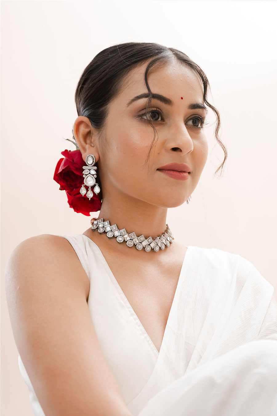 Silver Lunar Glint Polki Necklace Set