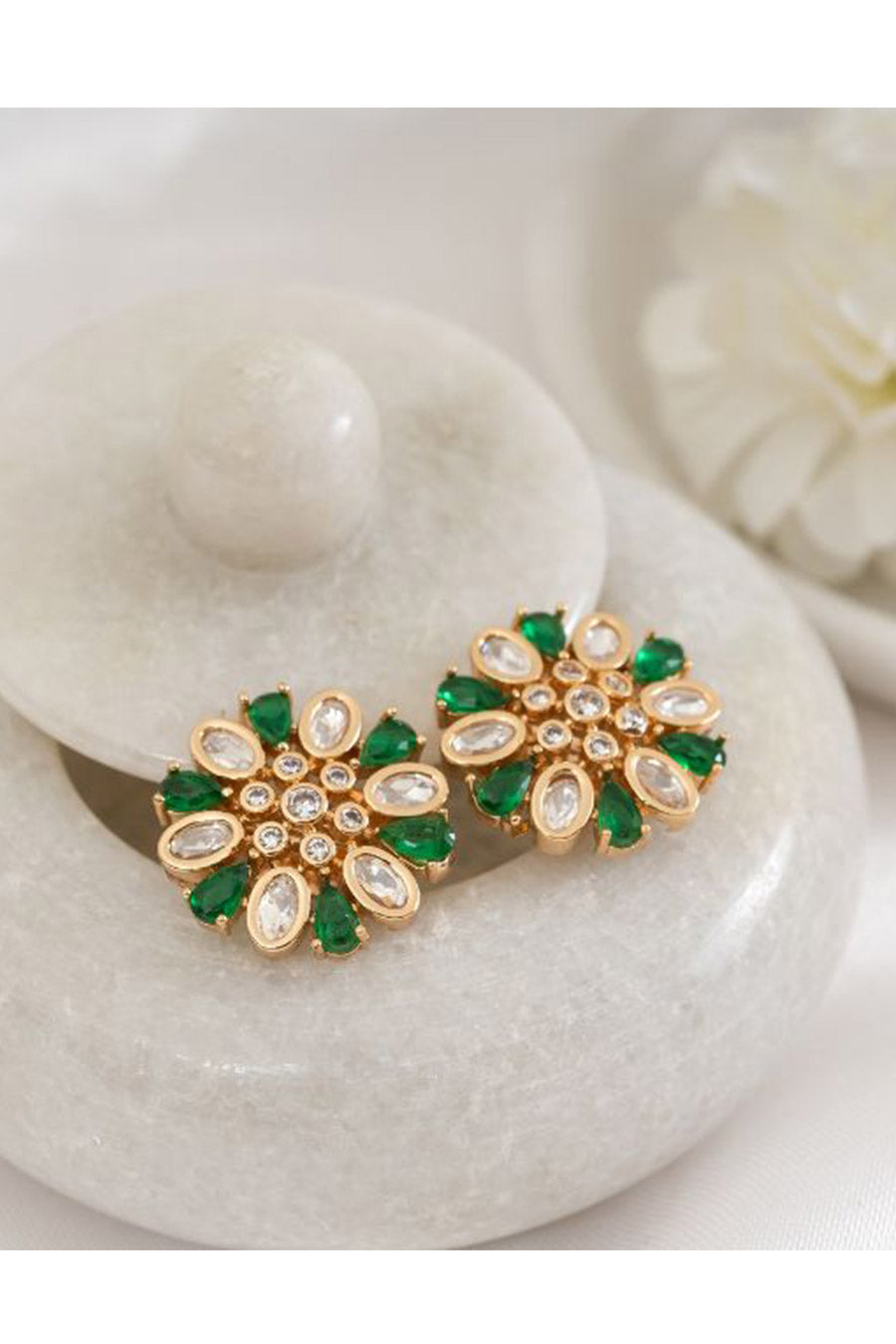 Green & White Shaina Polki Stud Earrings