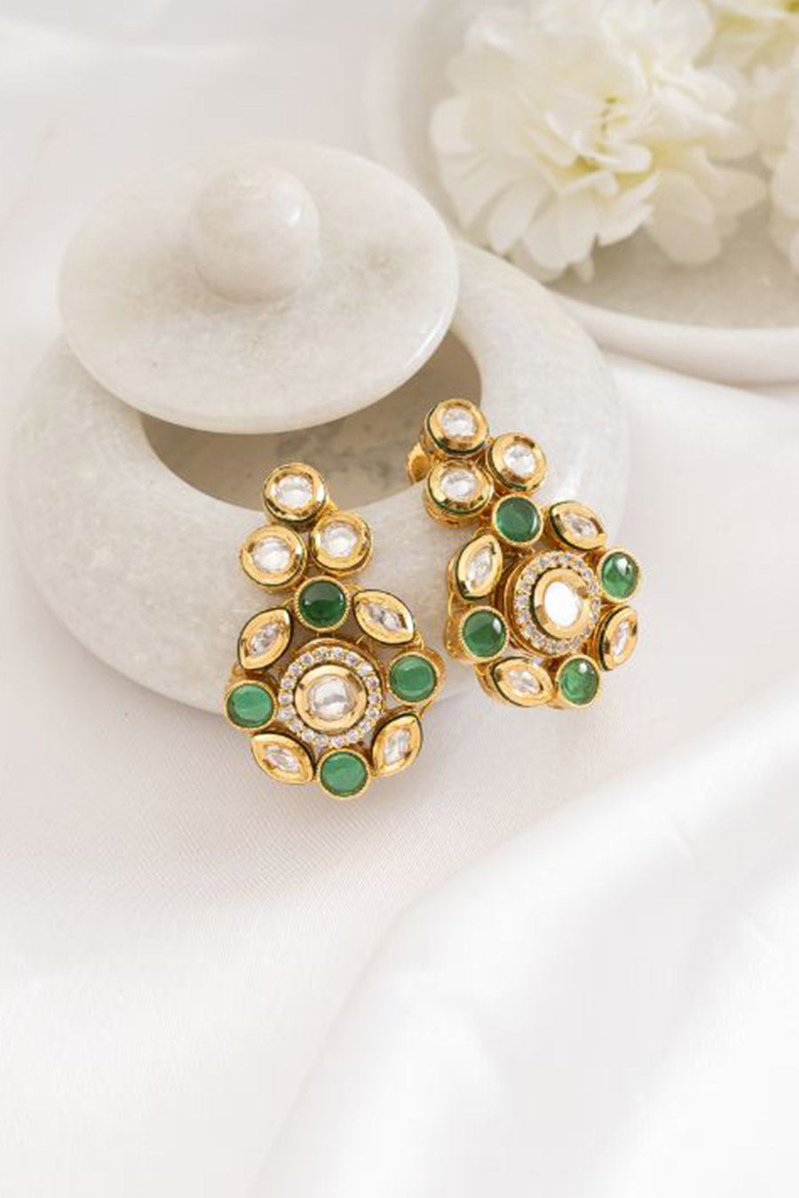 Green Riba Kundan Stud Earrings