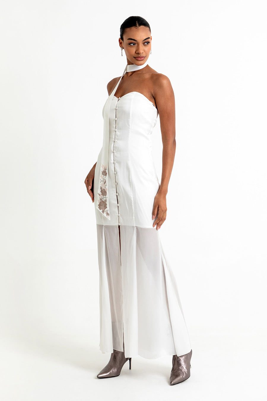 White Off-Shoulder Dress With Embroidered Tie