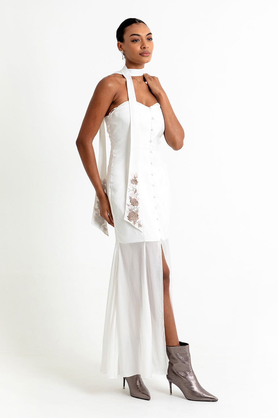 White Off-Shoulder Dress With Embroidered Tie
