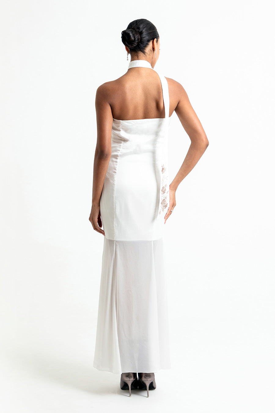 White Off-Shoulder Dress With Embroidered Tie