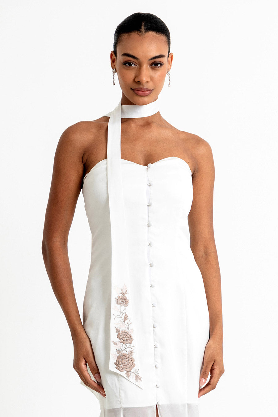 White Off-Shoulder Dress With Embroidered Tie