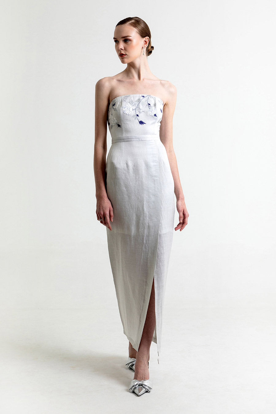 Avaia Mist Silver Embroidered Gown Dress