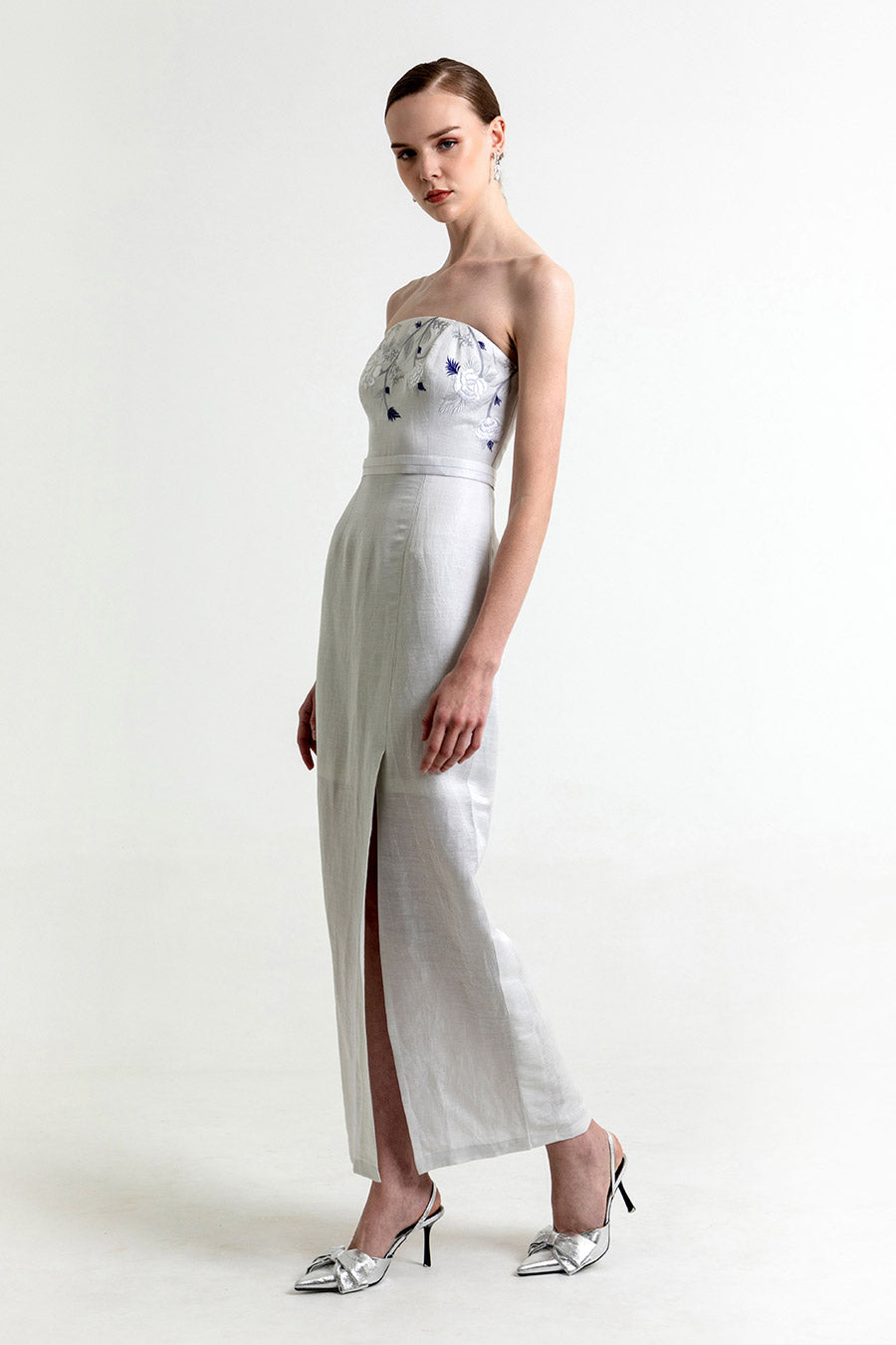 Avaia Mist Silver Embroidered Gown Dress