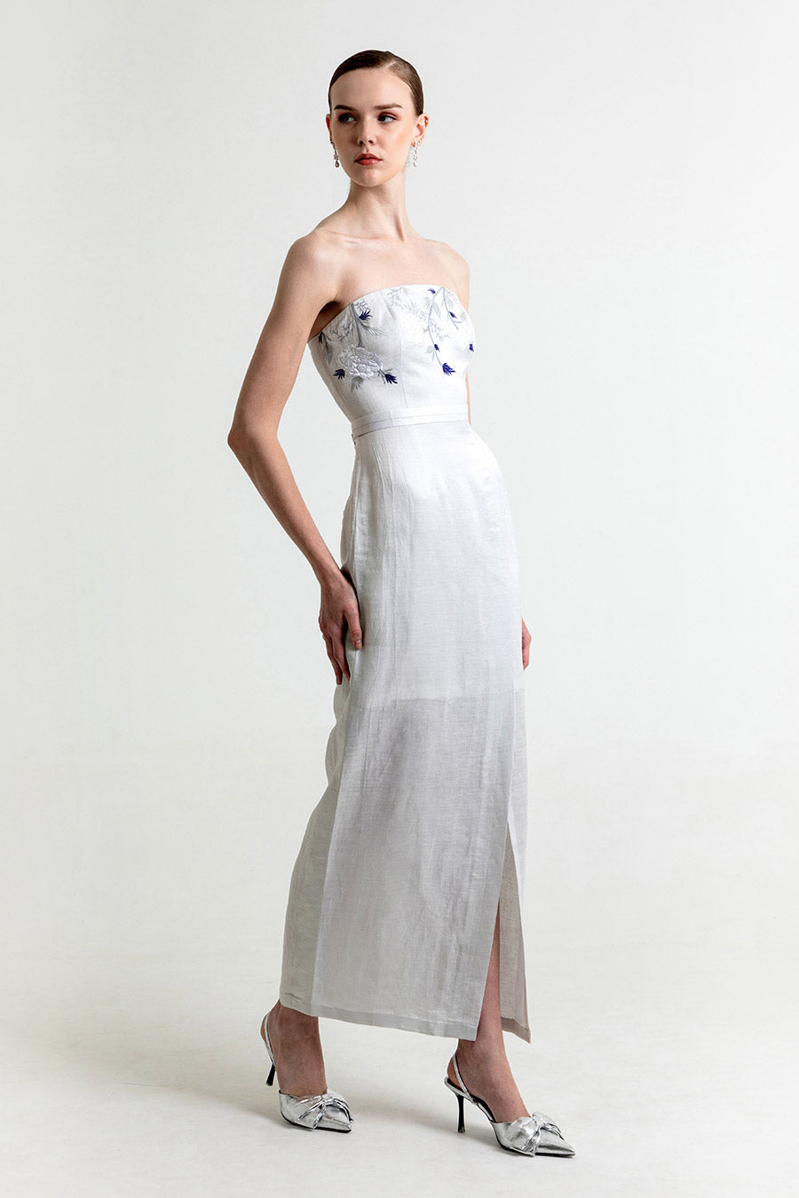 Avaia Mist Silver Embroidered Gown Dress