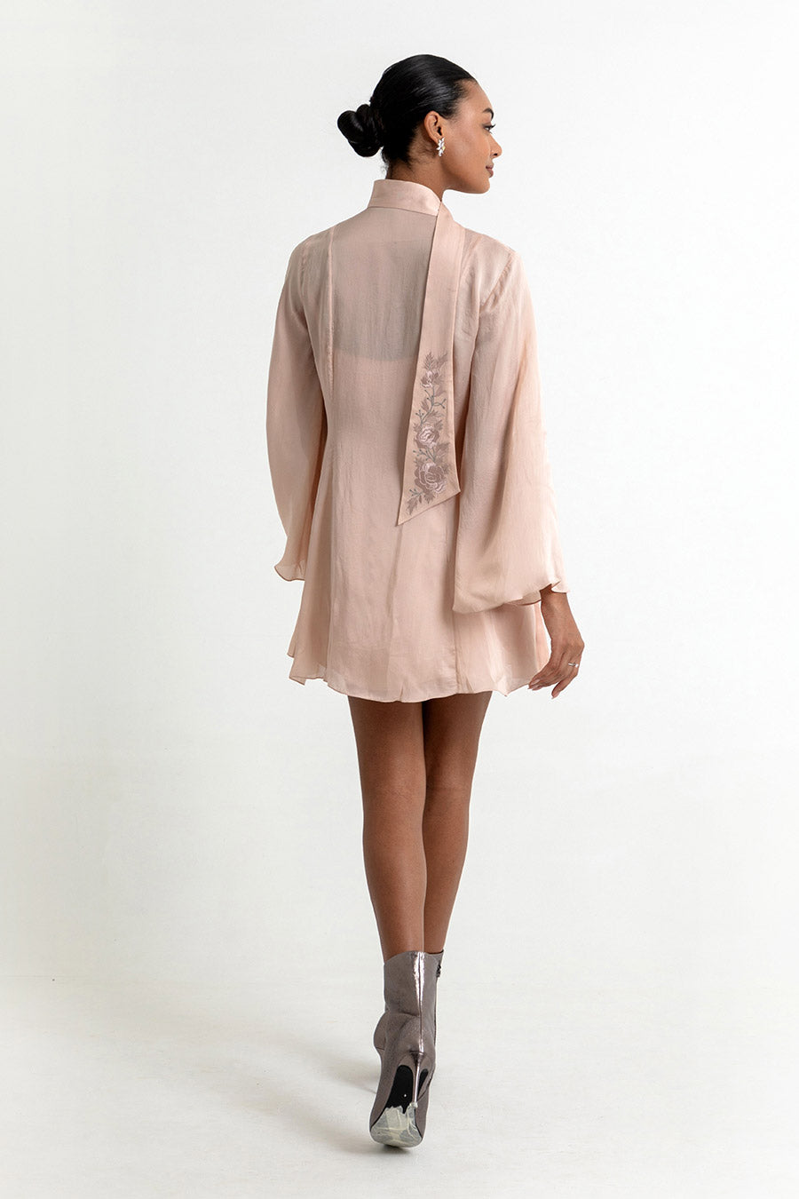 Aubrielle Peach Organza Dress With Embroidered Tie