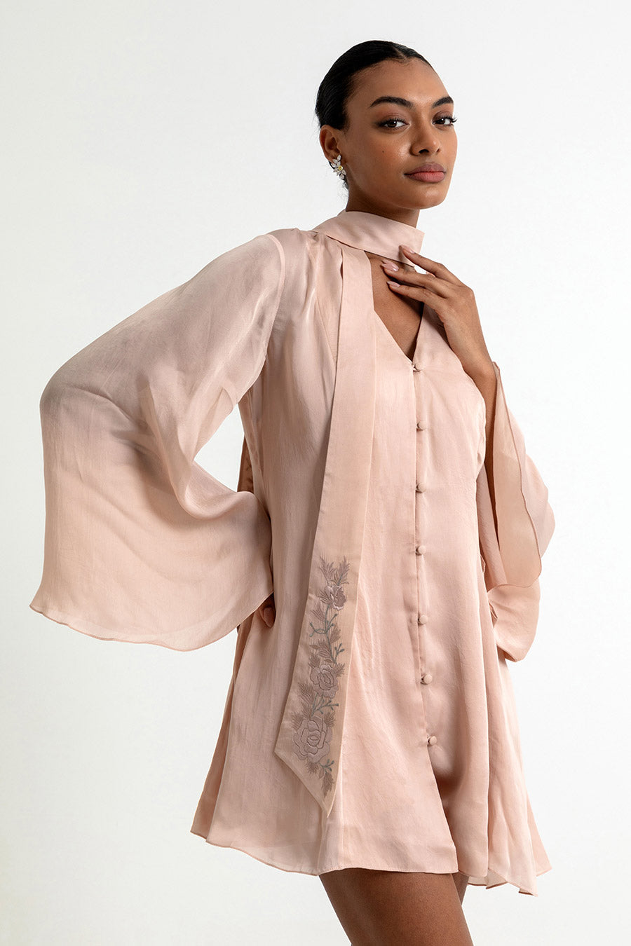 Aubrielle Peach Organza Dress With Embroidered Tie