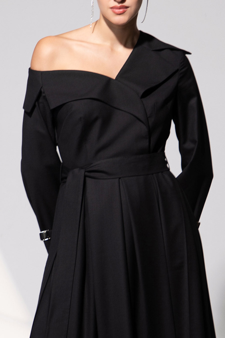 Midnight Noir One-Shoulder Trench Dress