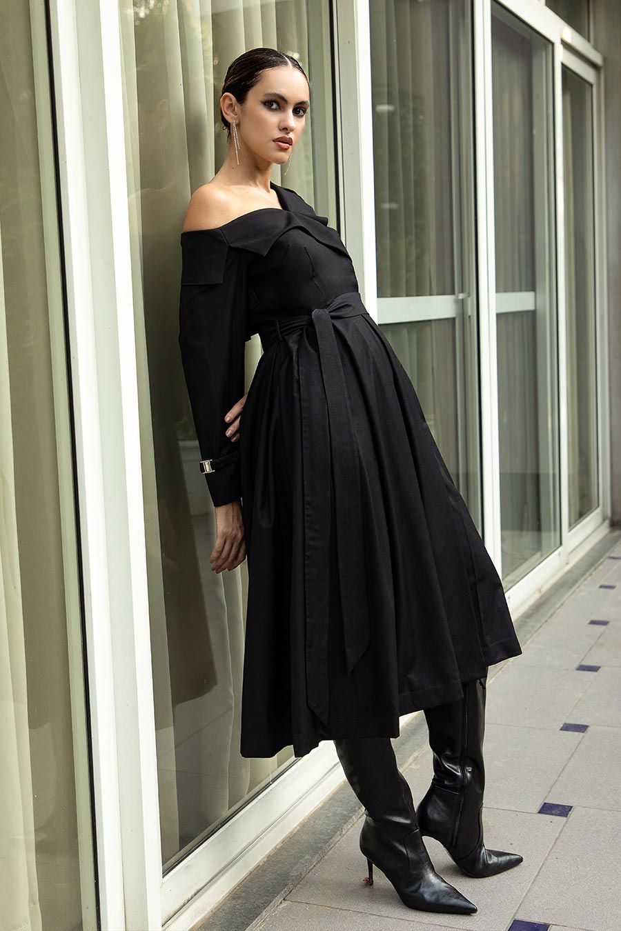 Midnight Noir One-Shoulder Trench Dress
