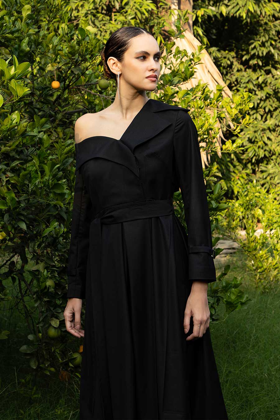 Midnight Noir One-Shoulder Trench Dress