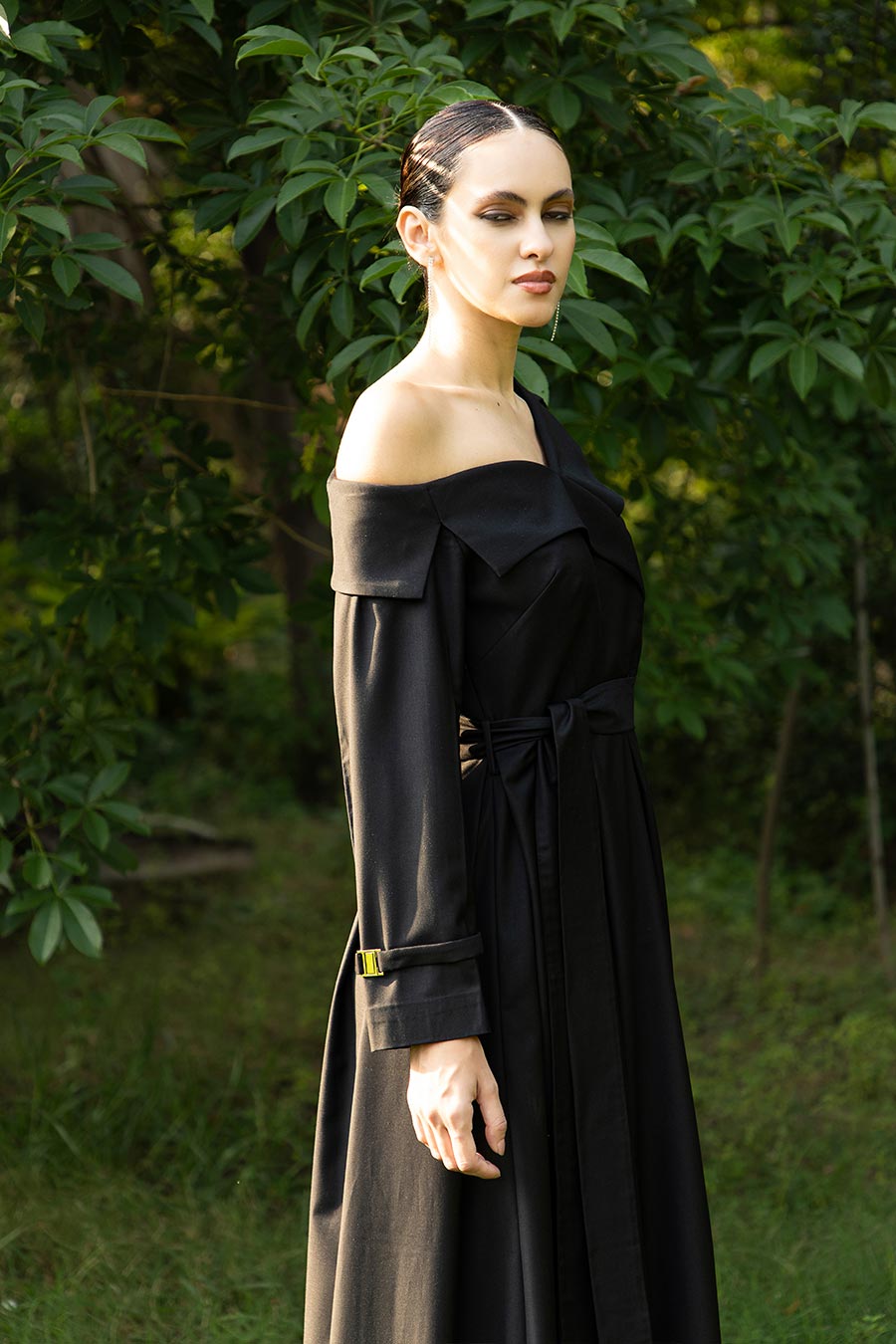 Midnight Noir One-Shoulder Trench Dress