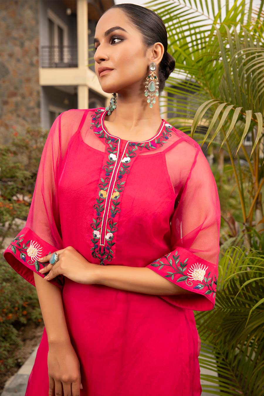 Fuchsia Pink Ric Resham Embroidered Kurta & Pant Set