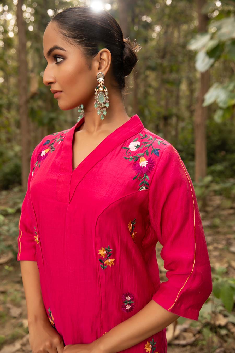 Fuchsia Pink Princess Resham Embroidered Kurta & Pant Set