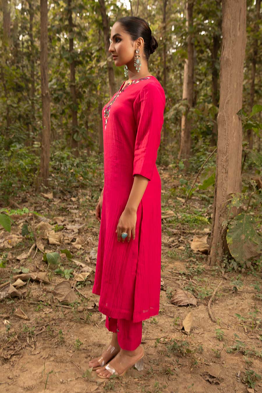 Fuchsia Pink Resham Embroidered Kurta Set