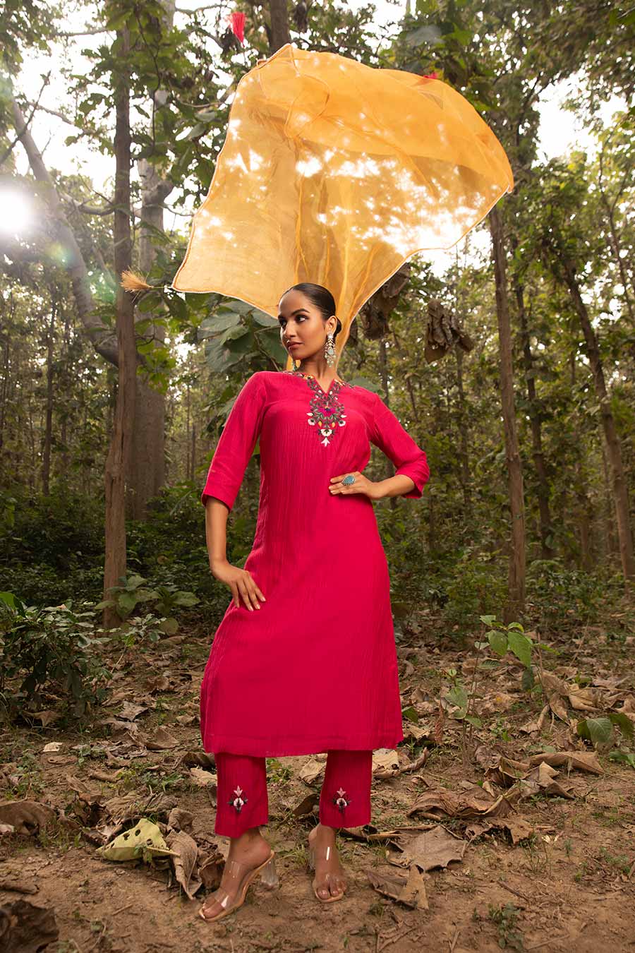 Fuchsia Pink Resham Embroidered Kurta Set