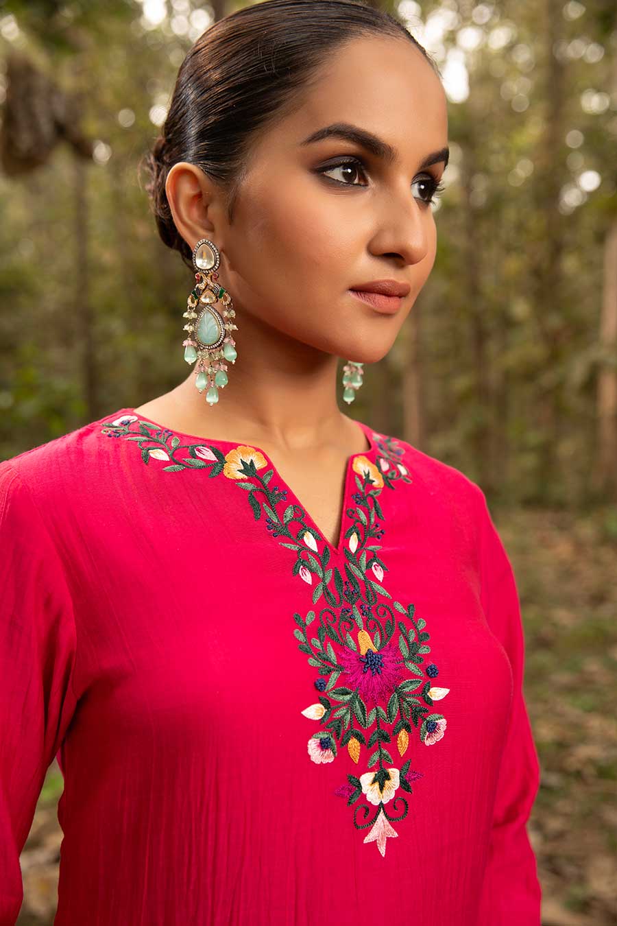 Fuchsia Pink Resham Embroidered Kurta Set