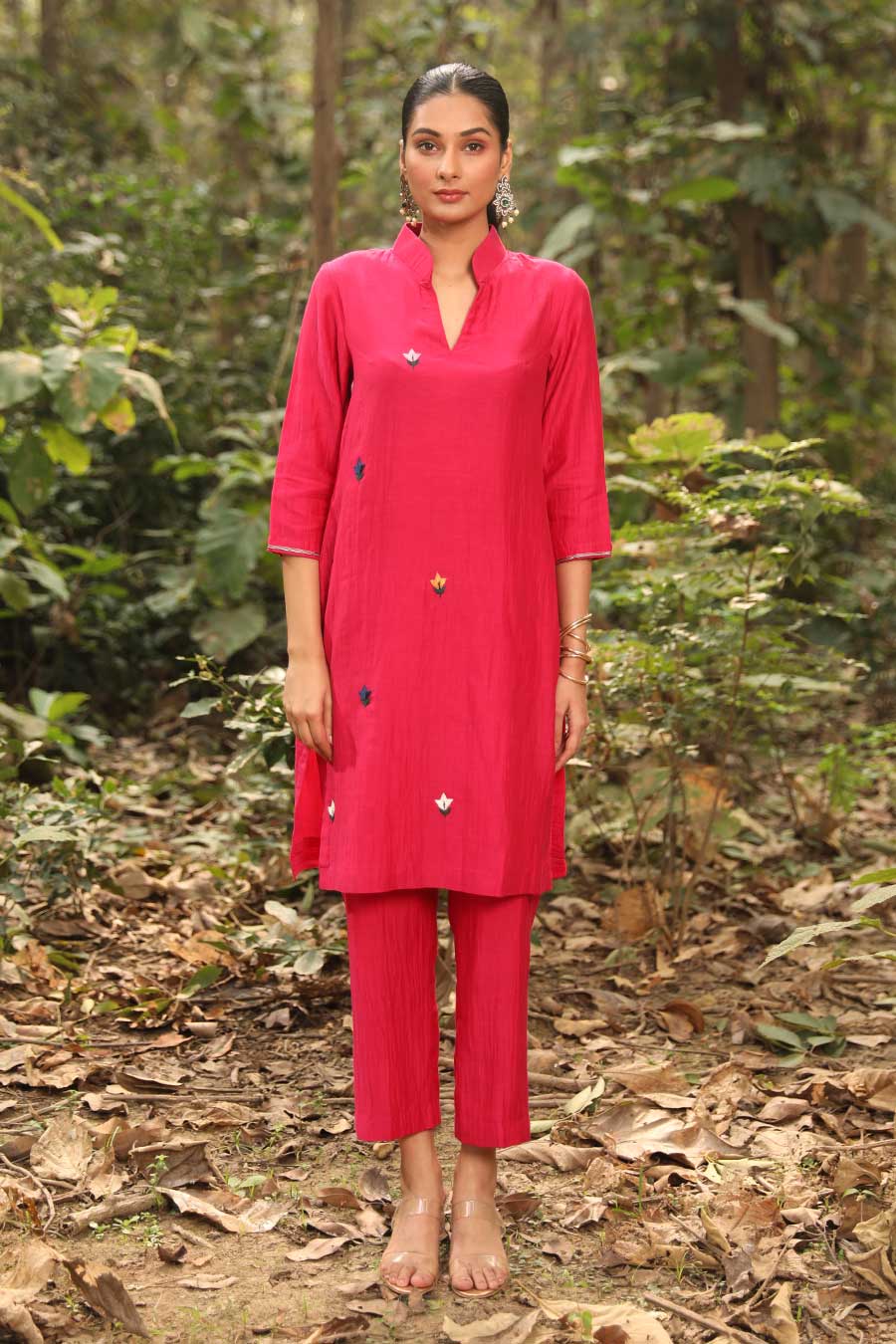 Fuchsia Pink Resham Embroidered Kurta & Pant Set