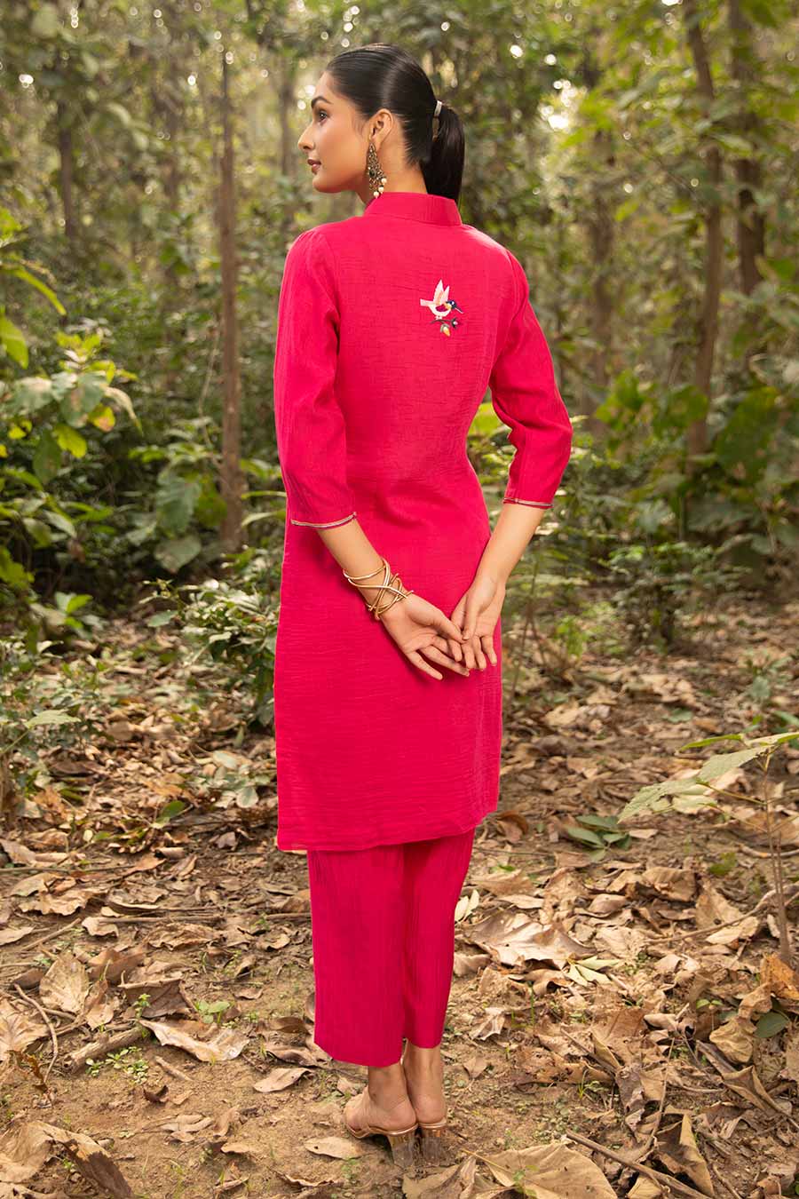 Fuchsia Pink Resham Embroidered Kurta & Pant Set