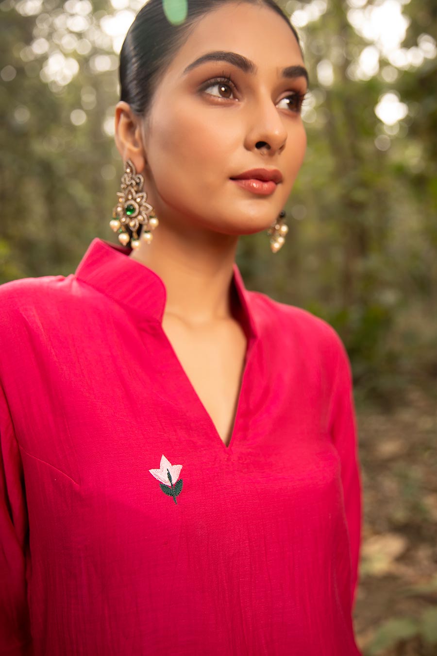 Fuchsia Pink Resham Embroidered Kurta & Pant Set