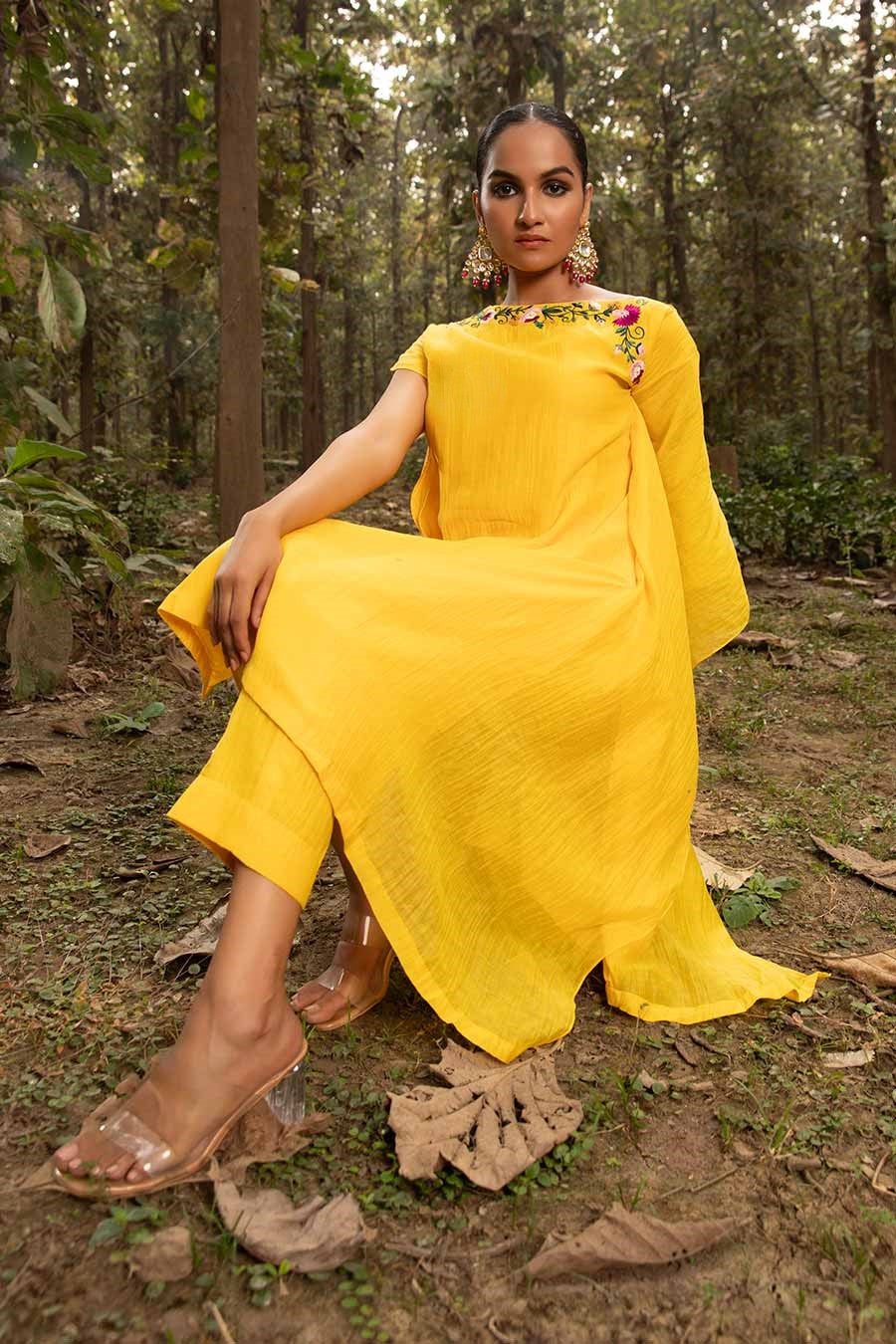 Yellow Pale Resham Embroidered Kaftan Set