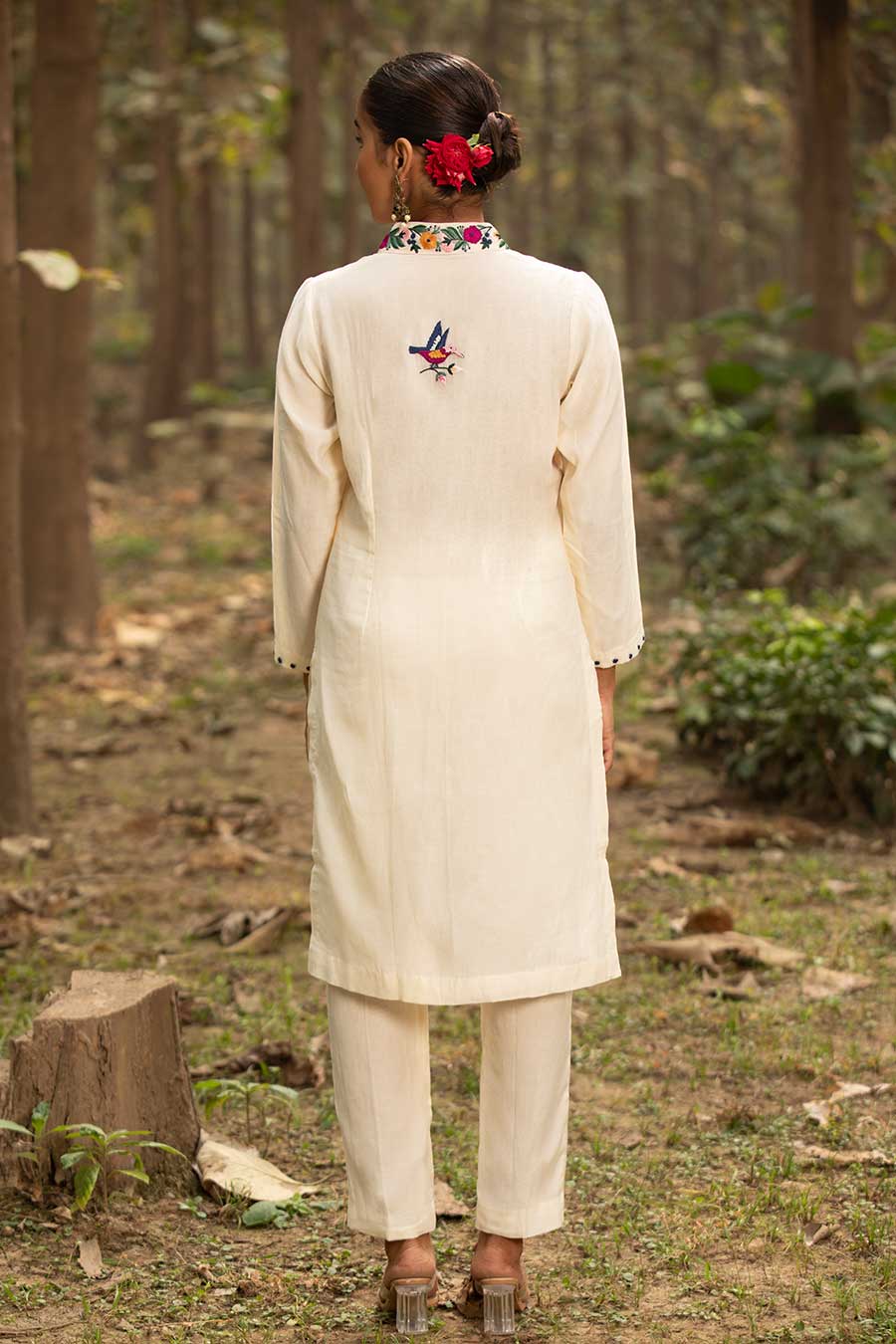 Ivory Ecru Resham Embroidered Tunic & Pant Set