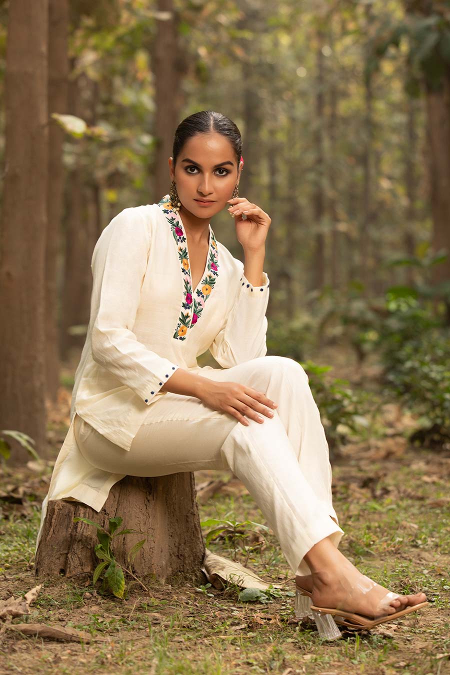 Ivory Ecru Resham Embroidered Tunic & Pant Set