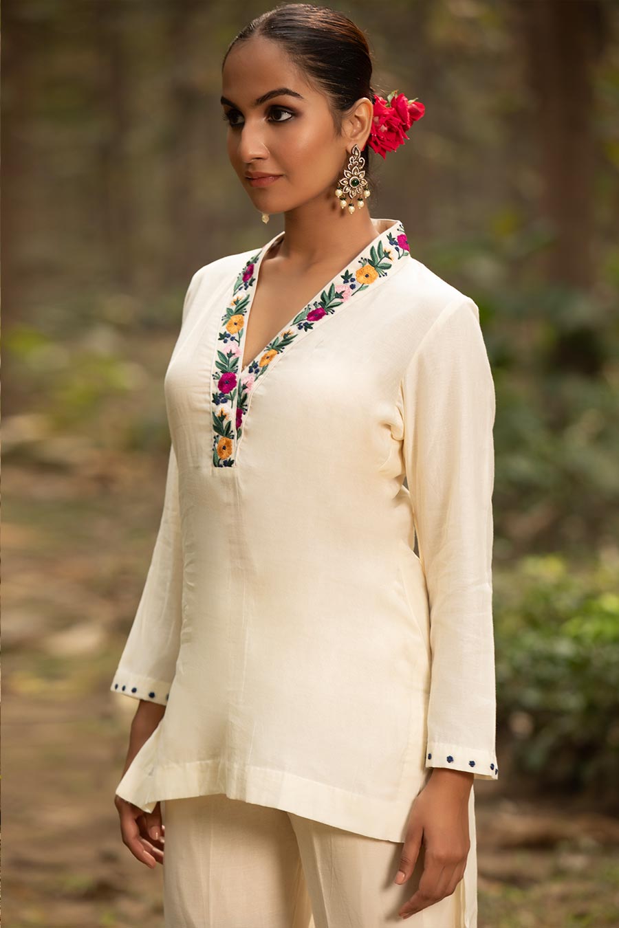 Ivory Ecru Resham Embroidered Tunic & Pant Set