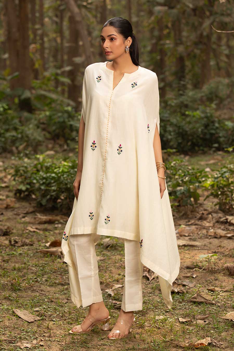 Ivory Floret Resham Embroidered Kaftan Set