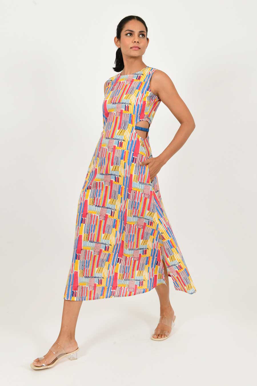 Scribble Handblock Print Side-Cut Linen Dress