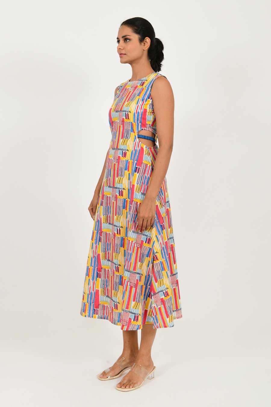 Scribble Handblock Print Side-Cut Linen Dress