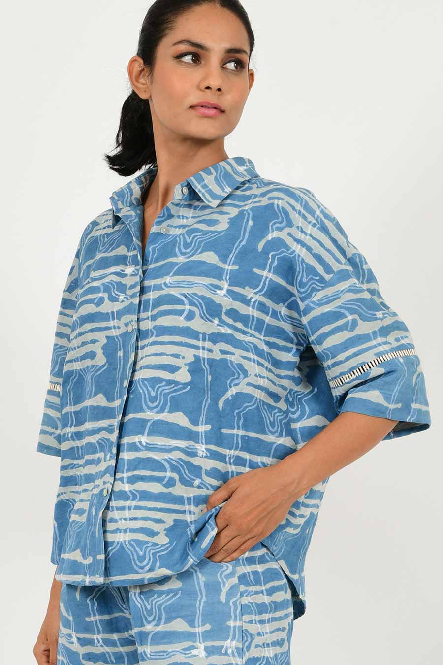 Indigo Splash Linen Dabu Print Shirt