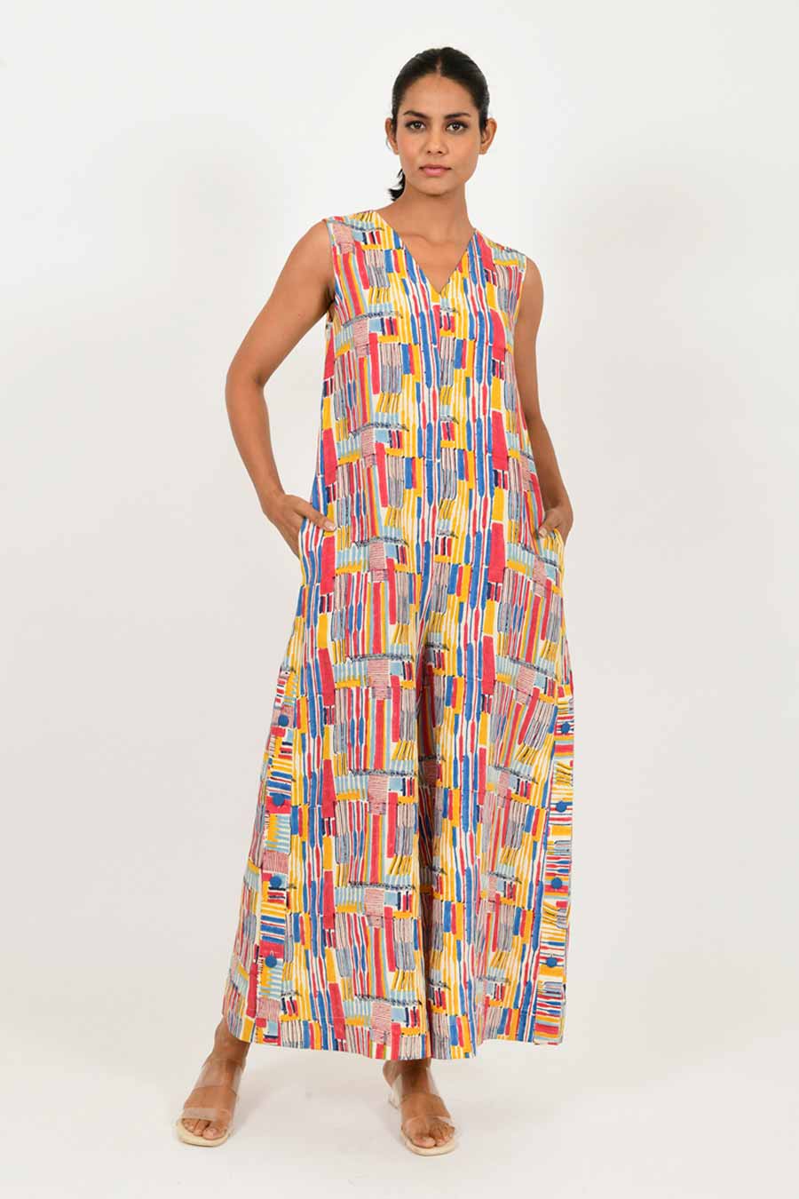 Scribble Handblock Print Linen Jumpsuit