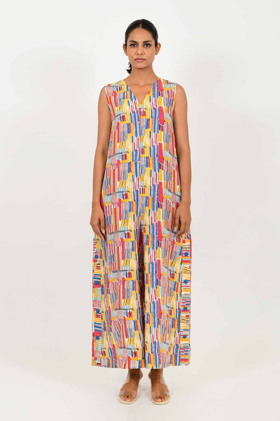 Scribble Handblock Print Linen Jumpsuit