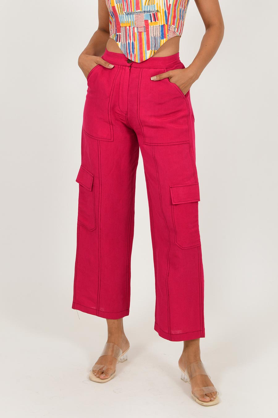 Viva Magenta Linen Cargo Pants