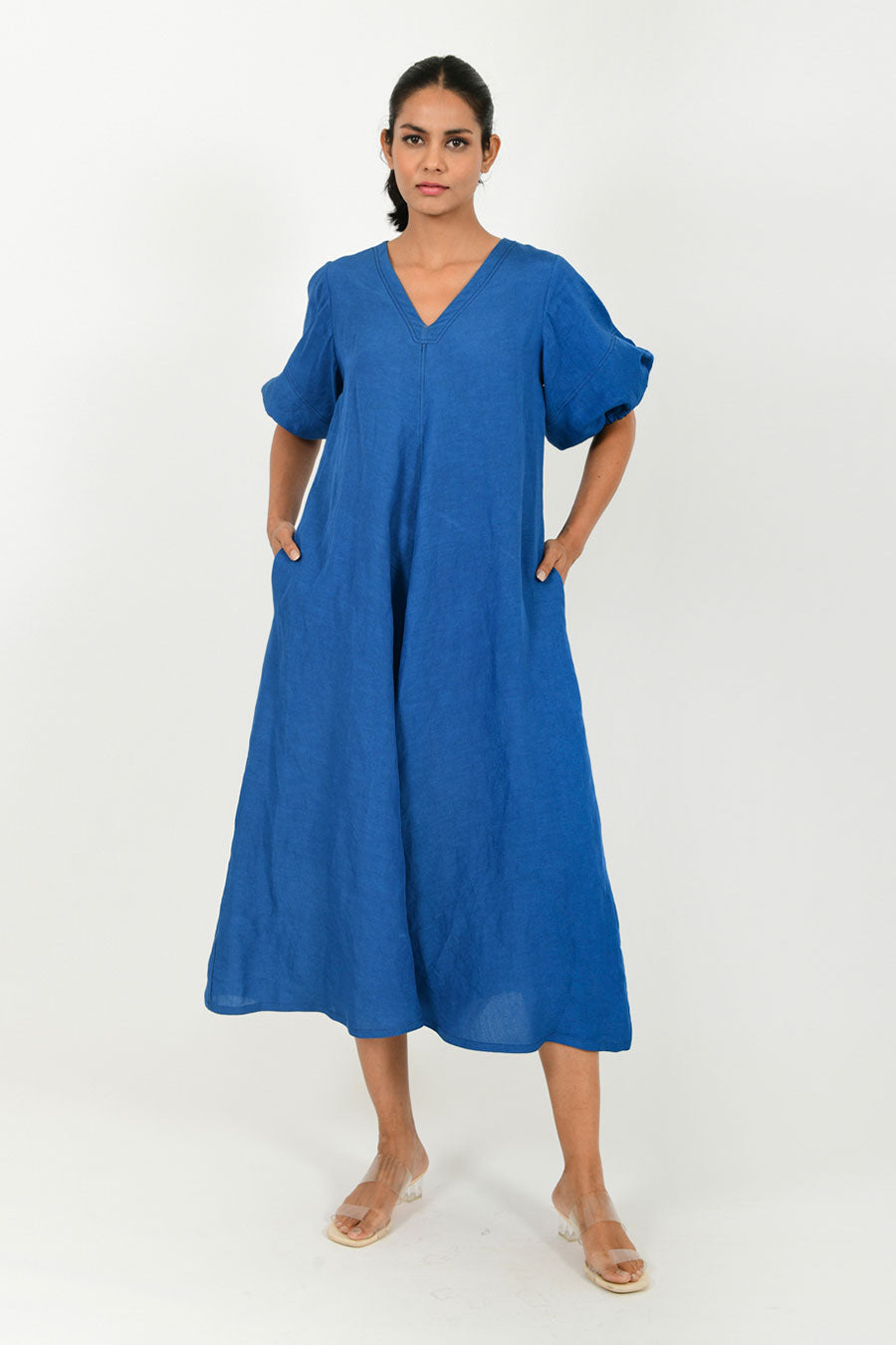 Classic Blue Linen Puff Sleeves Dress