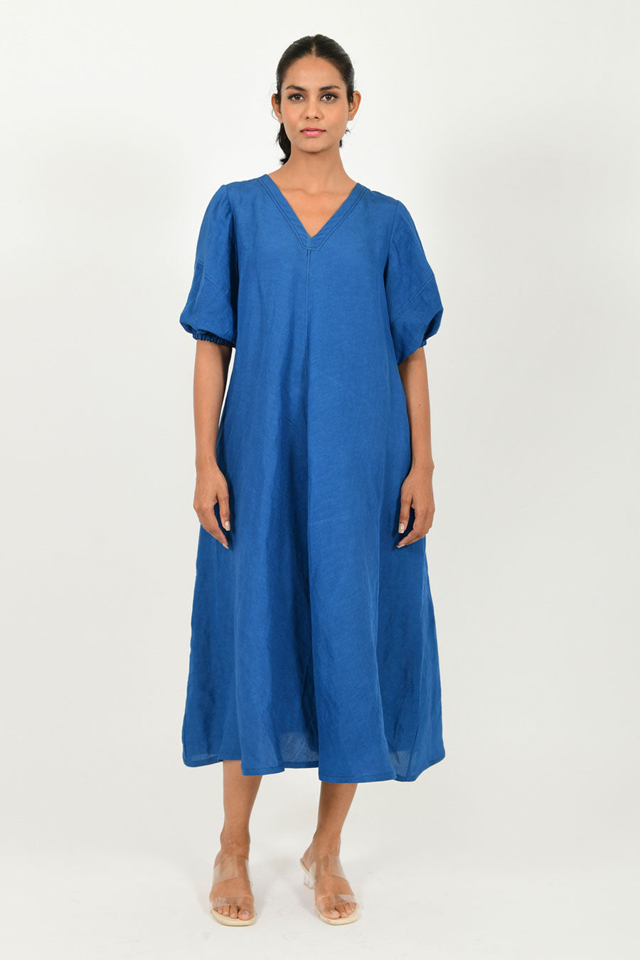 Classic Blue Linen Puff Sleeves Dress