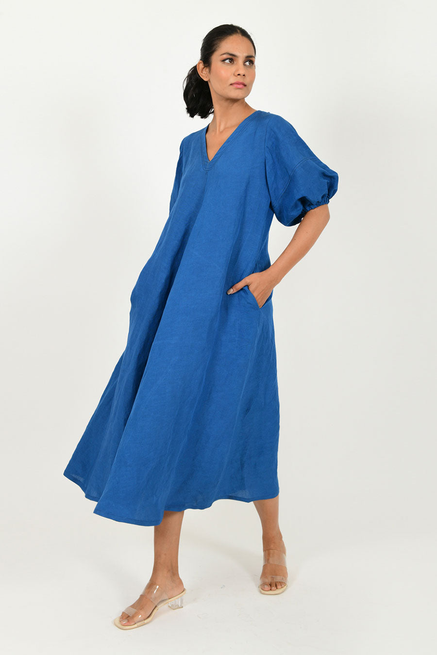 Classic Blue Linen Puff Sleeves Dress